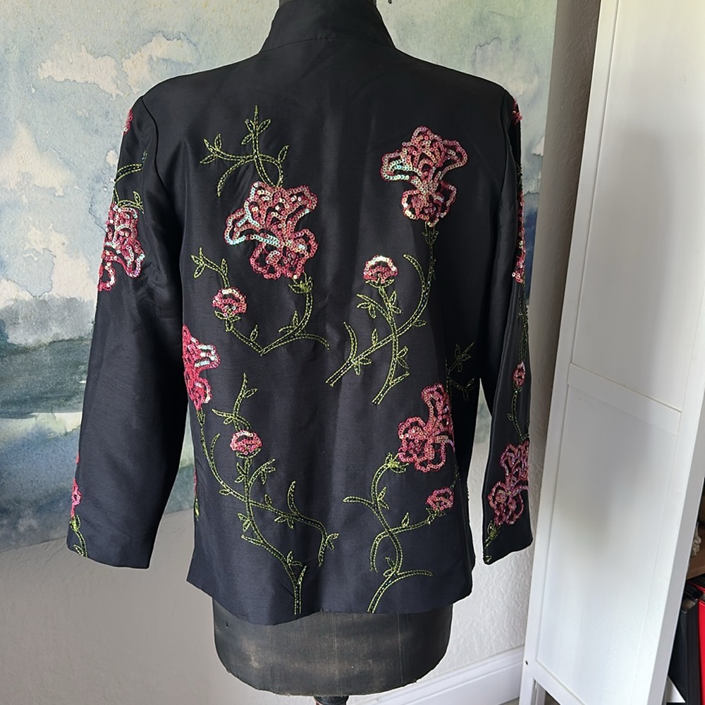 Embroidered Silk Black Jacket with Embellishments Pink Floral Design